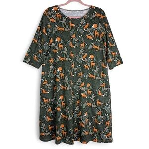 Winter Water Factory Fox & Deer Print Dress Size M Cotton Green Pocket Dress